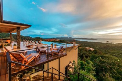 Casa Pacifica Mar Vista sunset terrace and infinity pool overlooking the Pacific, Playa Flamingo estate views