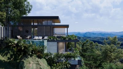 Azure Vista Retreat modern villa in Tamarindo with glass walls, terraces, and infinity-style pool overlooking forested hills
