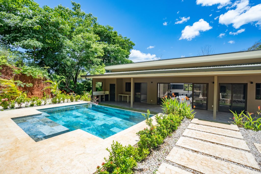 Casa Shambala modern home in Playa Potrero Costa Rica with private pool, landscaped patio, and tropical outdoor living.