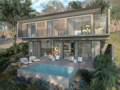 Modern two-story Bosque Village home with floor-to-ceiling glass, private pool, and forest surroundings.