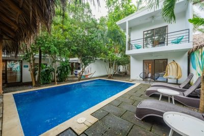 Luxury pool and rental units at Casa Mar Agradable, a turn-key income property in Playa Potrero, Surfside Estates, Costa Rica