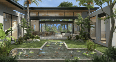 Luxury courtyard view at Casa Bougainvillea with koi pond, tropical landscaping, and open-concept hilltop living in Tamarindo Park.