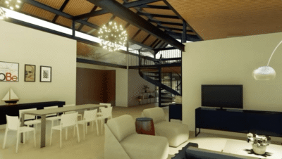 Open-concept living and dining area with double-height ceilings, modern finishes, and spiral staircase in Llama de Bosque 29.