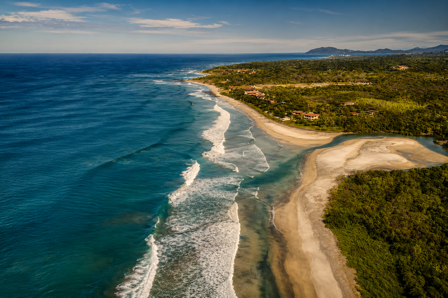 Aerial view of coastal homes, beaches, and mountains featured in a Costa Rica retirement real estate guide for 2026.
