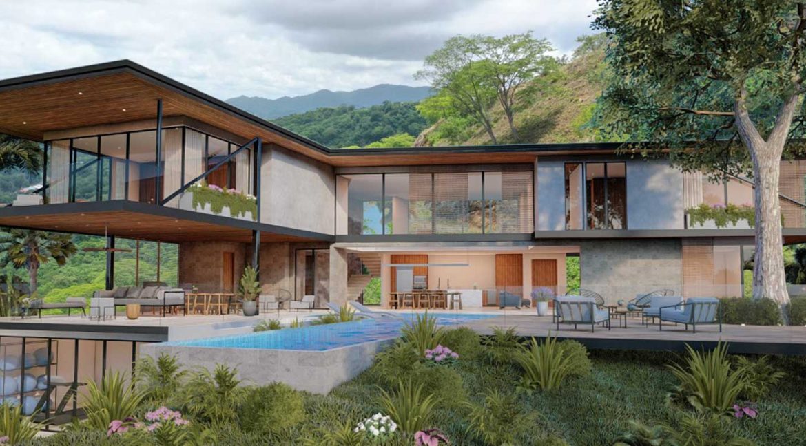 Modern two-story home with wooden exterior, large windows, and private pool in Tamarindo | Costa Rica Real Estate Cr