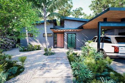 Casa Oliva modern exterior with landscaped entry and carport in Playa Potrero home setting