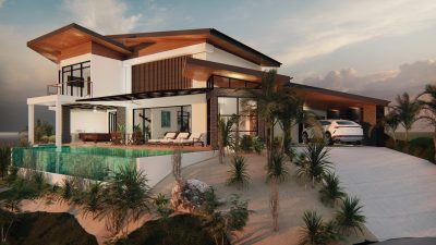 Modern two-story ocean-view home with infinity pool, covered terrace, and contemporary tropical architecture in Mar Vista, Guanacaste.