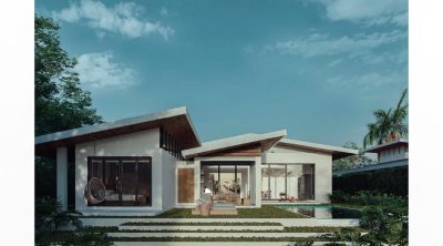 Front exterior of Casa Ceibo 6 Reserva Conchal with modern design, pool, and open indoor-outdoor layout in Costa Rica