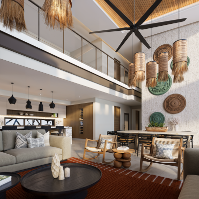 Modern living area of W Residence #14 Reserva Conchal with open layout | Costa Rica Real Estate CR