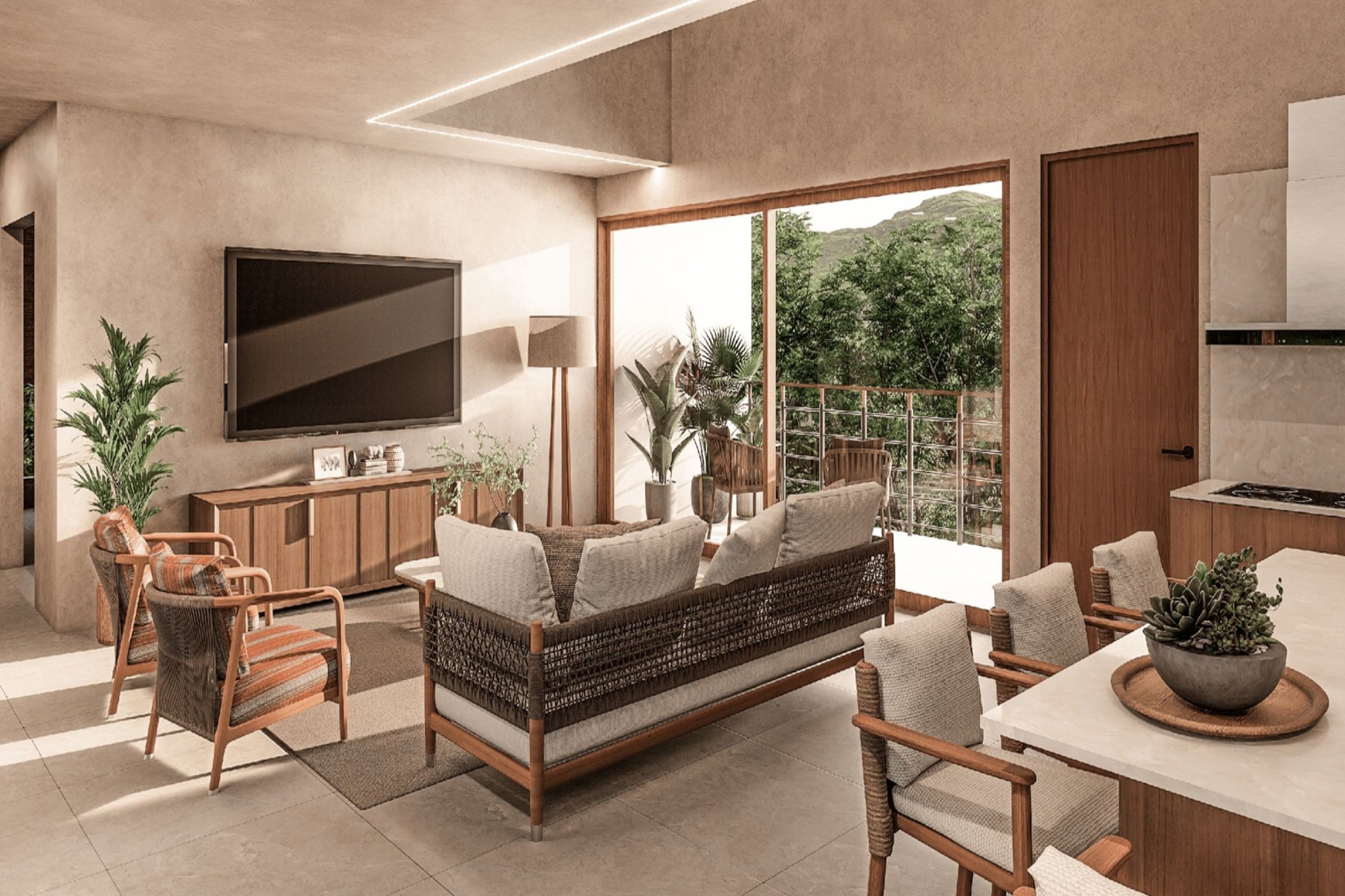 Modern living room with TV, wood furnishings, and sliding doors to terrace | Costa Rica Real Estate CR