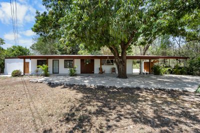 Single-story Casa Mango home in Playa Grande with a large mango tree, shaded front area, and natural surroundings.