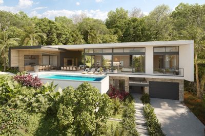 Modern luxury home rendering with infinity pool, covered terrace, and glass walls set within tropical surroundings at Reserva Conchal.
