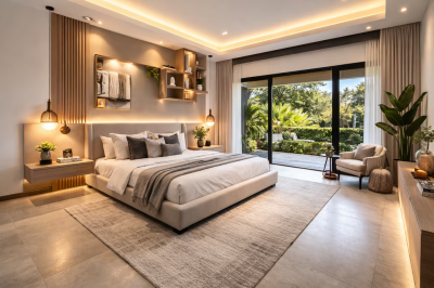 Modern bedroom with large glass doors and forest views at Potrero Hills, part of new construction homes in Playa Potrero Costa Rica