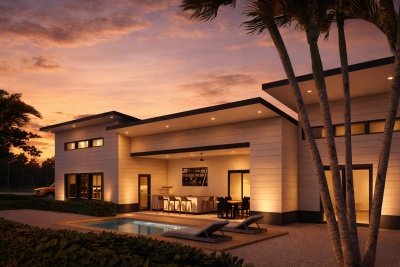 Modern tropical home with pool at Potrero Hills Playa Potrero Costa Rica during sunset with outdoor terrace and lounge area