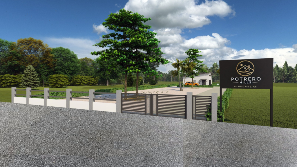 Gated entrance signage at Potrero Hills, marking the arrival to Potrero Hills real estate in Guanacaste, Costa Rica