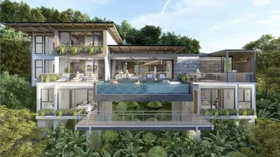 Modern villa rendering with infinity-edge pool terrace and open-concept living at Villa Escondida in Playa Flamingo, Costa Rica