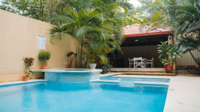 Community pool and shaded pavilion at Brisas del Monte 6 in Tamarindo, Guanacaste