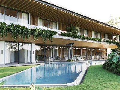 Modern two-story villa with infinity-edge pool, wood ceiling overhangs, and floor-to-ceiling glass doors