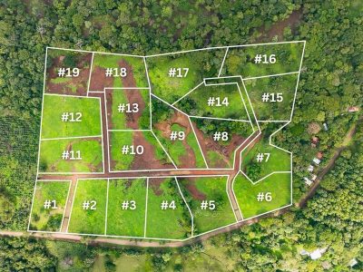 Aerial view of lot layout at The Plantation Tamarindo showing numbered parcels and internal access roads