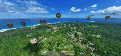 Aerial view of El Jaguar homesites within Hacienda Pinilla, showing lot layout, golf areas, and Pacific coastline in Guanacaste.