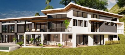 Two-story modern hillside home with wraparound balconies and large glass walls in Mar Vista, Guanacaste.