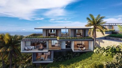 Modern hillside architectural home with ocean views and layered terraces in Senderos Tamarindo, Costa Rica