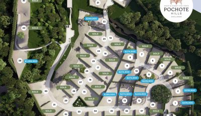 Aerial site map of Pochote Hills Playa Avellanas showing numbered homesites, internal roads, and sold lots within a gated community.