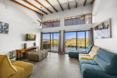 Casa Sol Y Mar Playa Potrero living room with ocean view terrace and high ceilings, estate for sale Potrero Costa Rica