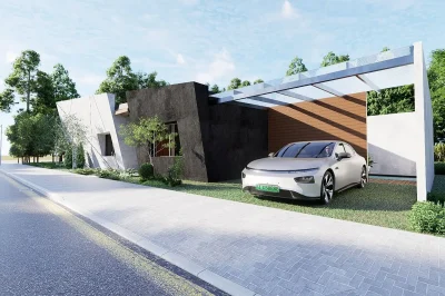 Casa Luma Playas del Coco modern exterior with covered carport and driveway, modern home Playas del Coco