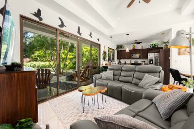 Casa Suerte Playa Potrero living room with open layout and garden view, modern home Playa Potrero