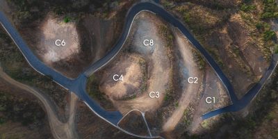 Aerial view of Mar Vista ocean view lots C1, C2, C3, and C8 with road access in the Mar Vista community, Guanacaste, Costa Rica.