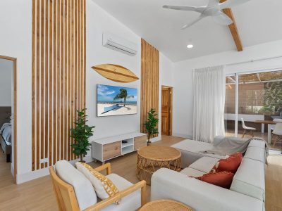 Casa Vista Grande Playa Grande living room with wood accents and natural light in home Playa Grande Costa Rica