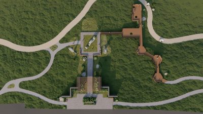 Aerial site plan of Casa Nance Tamarindo Park showing rooftop terrace, pool layout, and hillside setting in Tamarindo