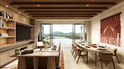 Casa Chameleon Eastside Condominiums living and dining area with ocean views and Las Catalinas luxury condo interior