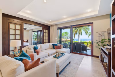 Casa De Los Monos Azul Paraíso living room with terrace and ocean view, condo with pool access Costa Rica