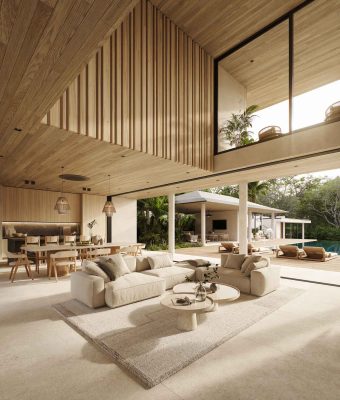 Mareas 1 Hacienda Pinilla open living space with wood ceilings and pool view in a Hacienda Pinilla home