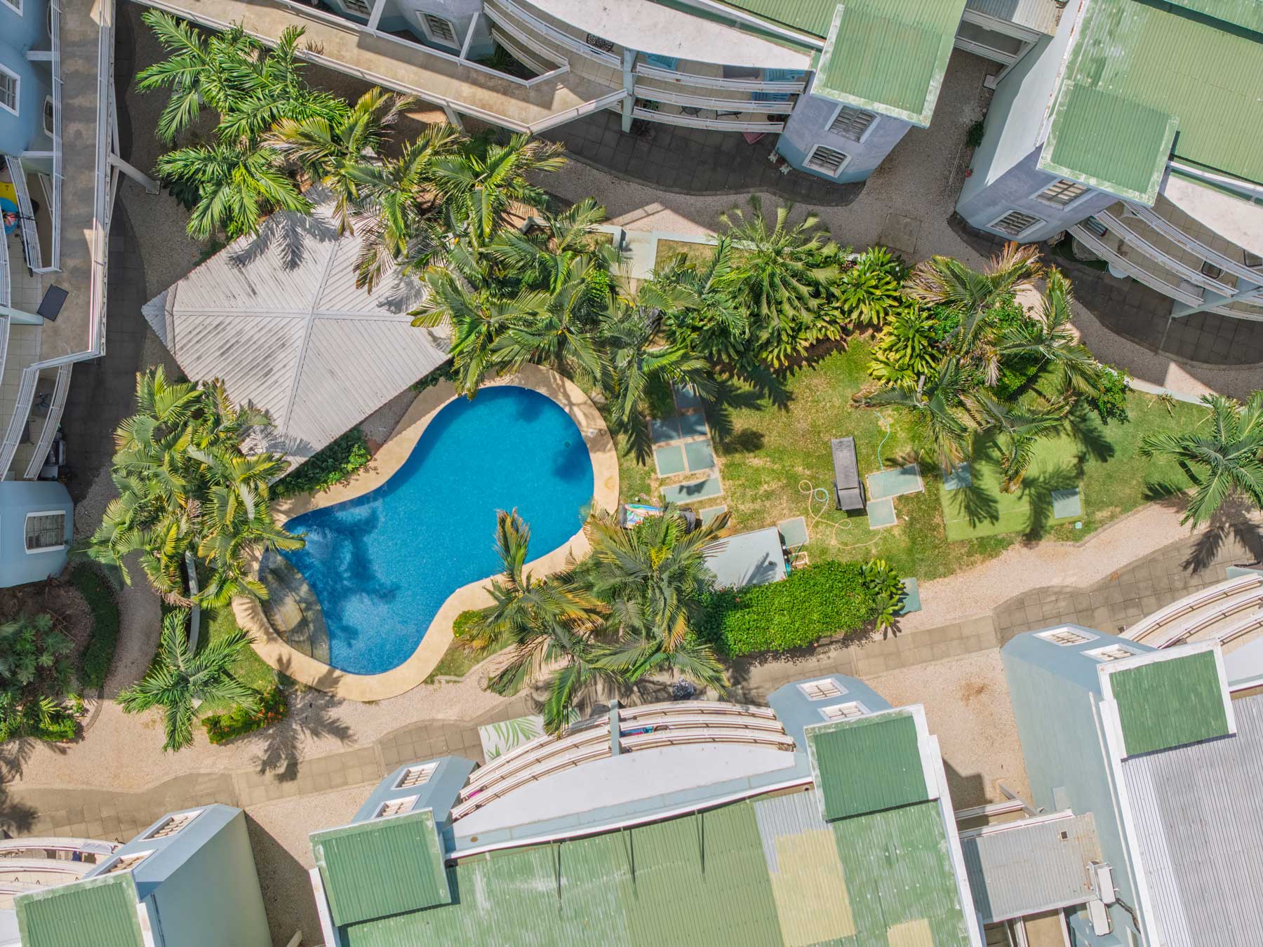 Aerial view of Villa Verde Condo 5 pool area in Tamarindo, tropical condo with pool Tamarindo Costa Rica
