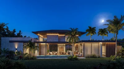 Villa Pacifica Hacienda Pinilla modern home exterior with pool and tropical landscaping at dusk in Guanacaste Costa Rica