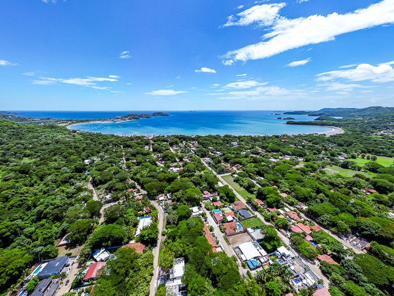 Aerial view of Playa Potrero and Surfside coastline near Casa Bell Nido in Guanacaste, Costa Rica