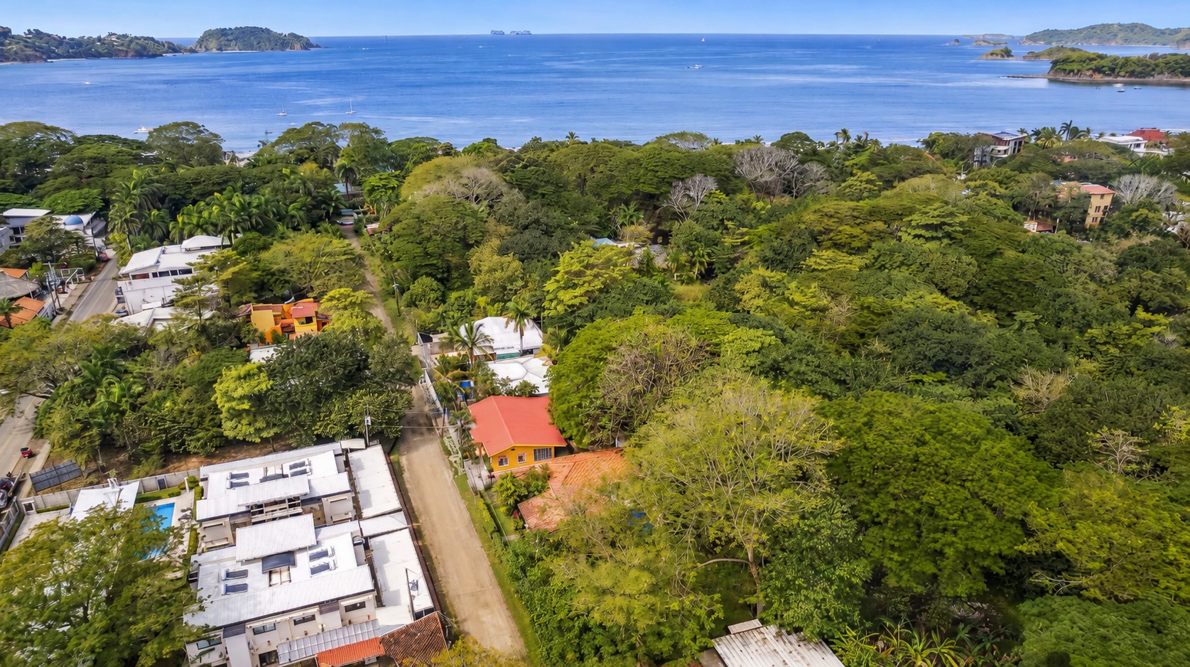 Aerial view of Surfside and Playa Potrero near titled land and walkable beach-area homesites in Guanacaste Costa Rica