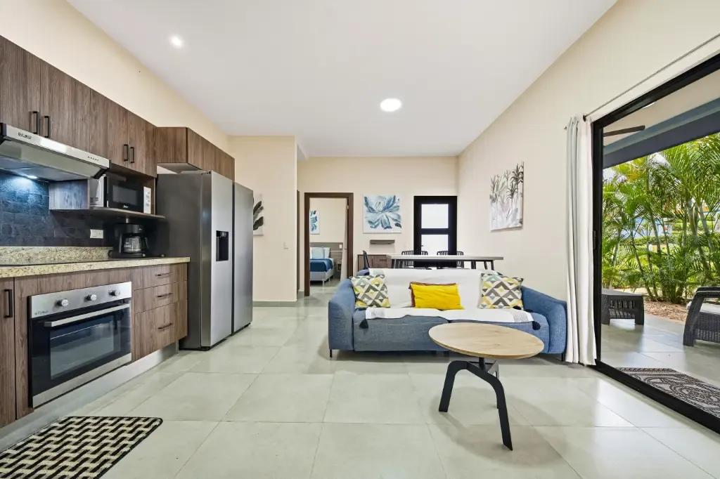 Open living room and kitchen at Condo Laurel 15 in Playa Potrero