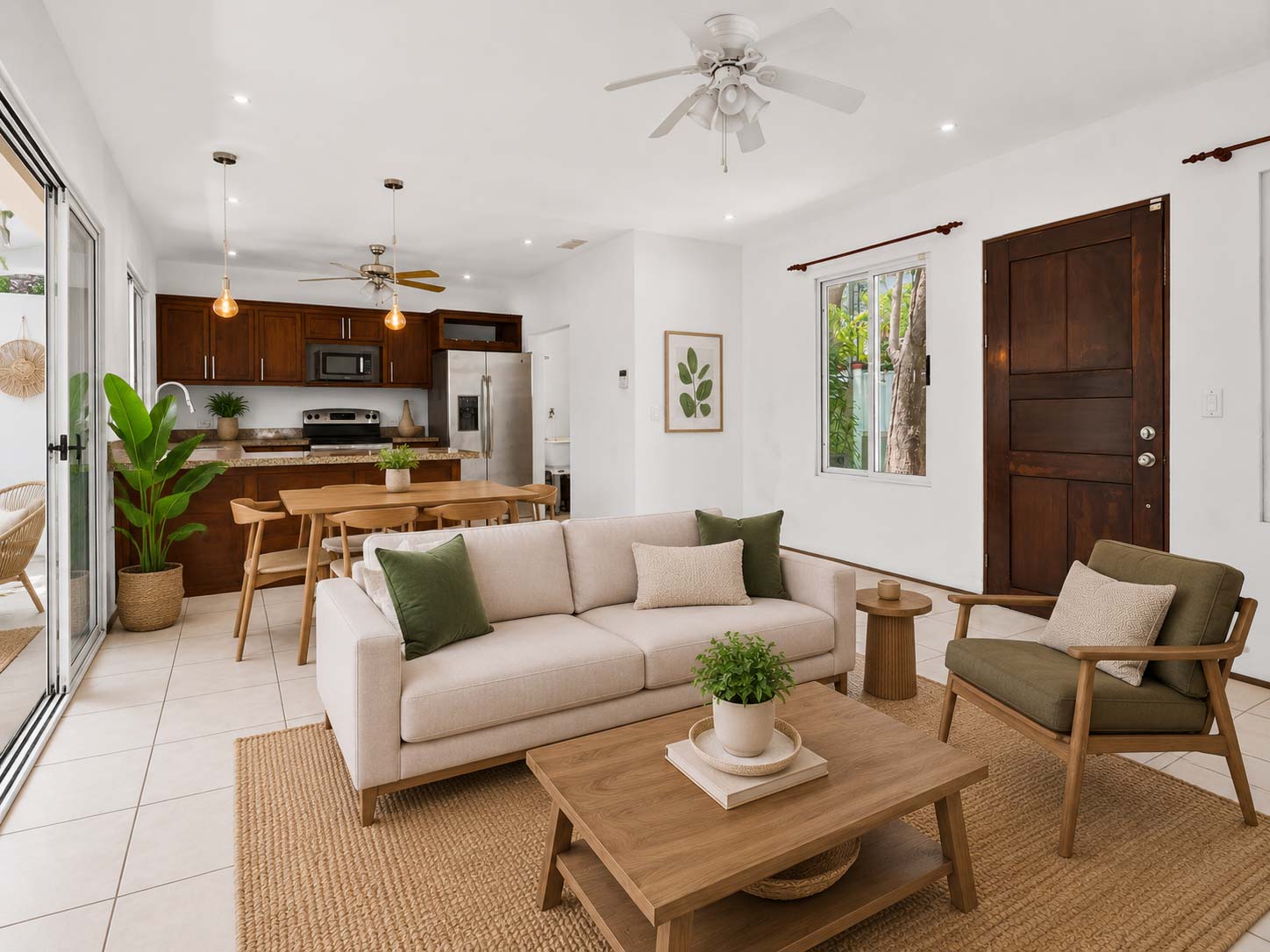 Open-concept living, dining, and kitchen area with large windows and tropical views.