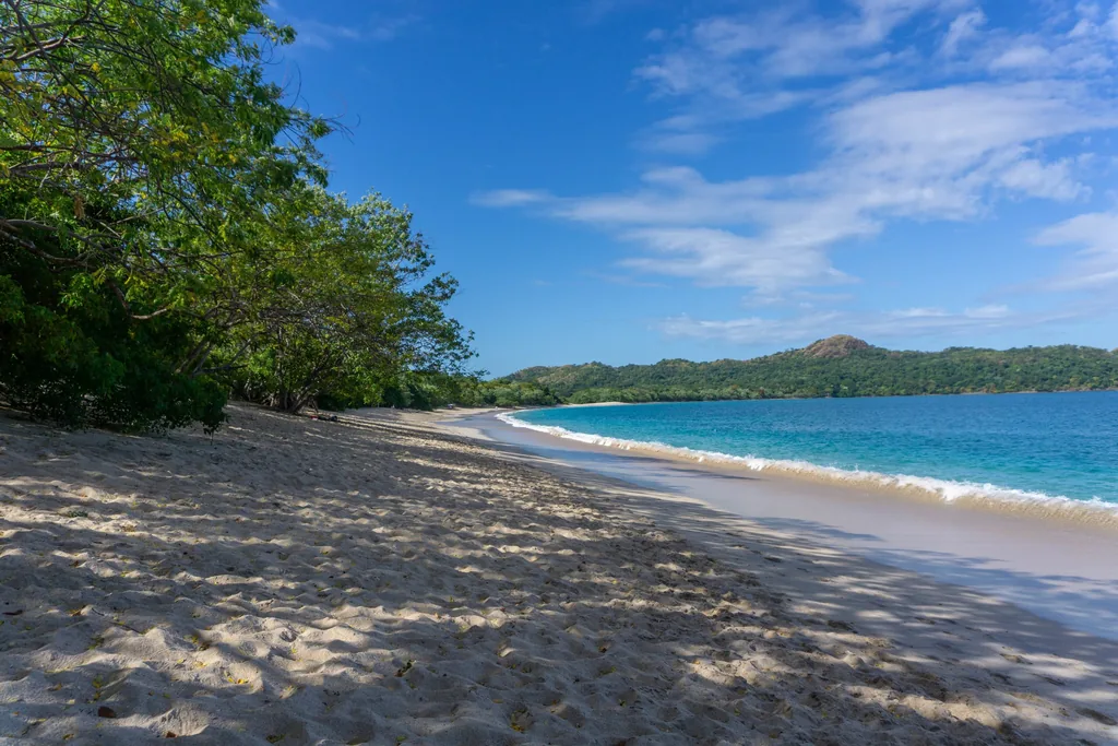 The white shell sand and calm turquoise water of the beach at Playa Conchal, Guanacaste, Costa Rica
