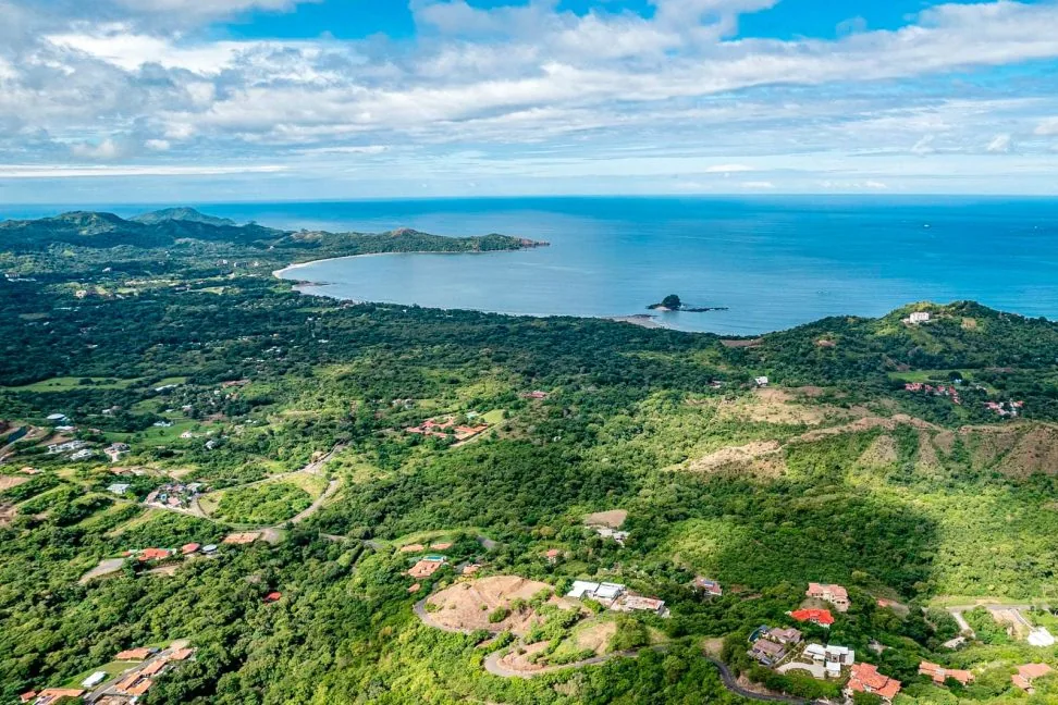 Aerial view of Mar Vista overlooking Playa Flamingo bay and the Guanacaste coastline, Costa Rica