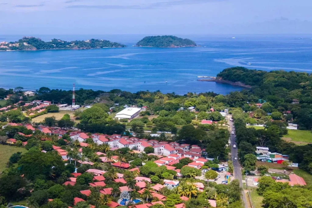 Aerial view of Playa Potrero homes and condos with Potrero Bay beyond, Guanacaste, Costa Rica