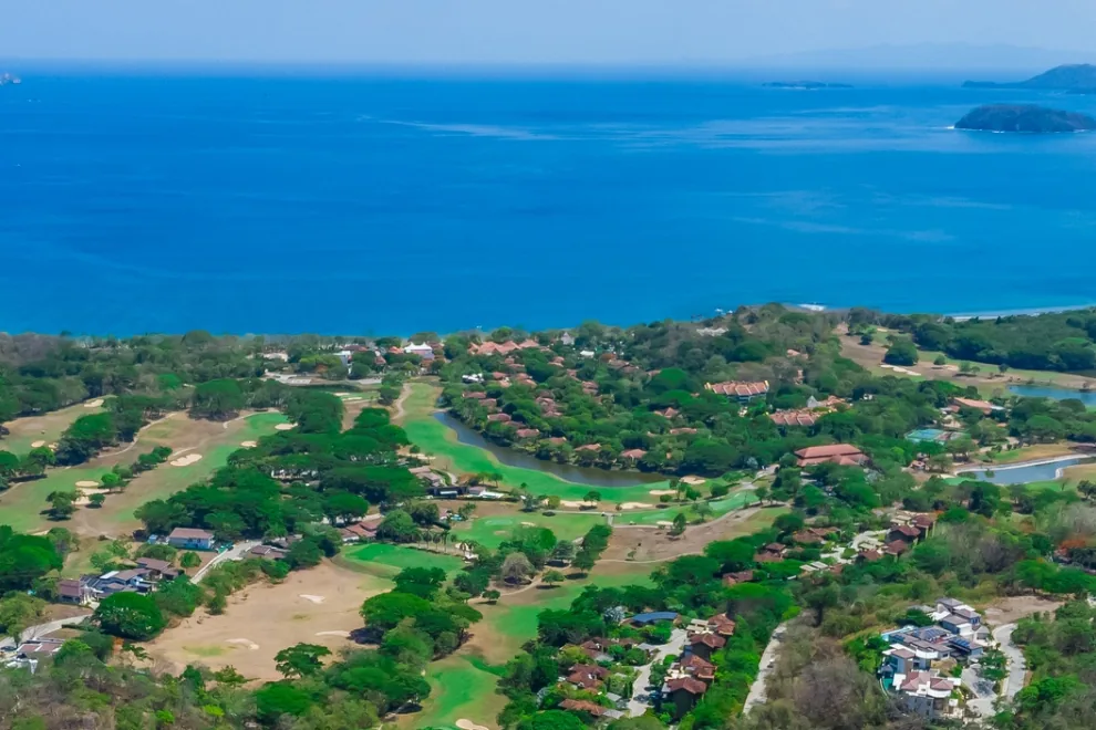 Aerial view of the Reserva Conchal golf community and Pacific coastline in Guanacaste, Costa Rica
