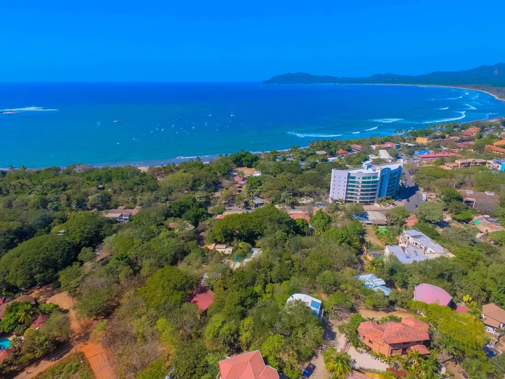Aerial view of Tamarindo, Costa Rica beach town and coastline in Guanacaste